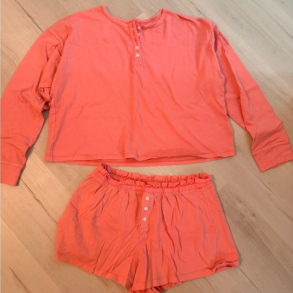 aerie Coral Pink Henley Top & Short Set